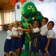 Students of St Anne's Primary with Vuli the Vonu